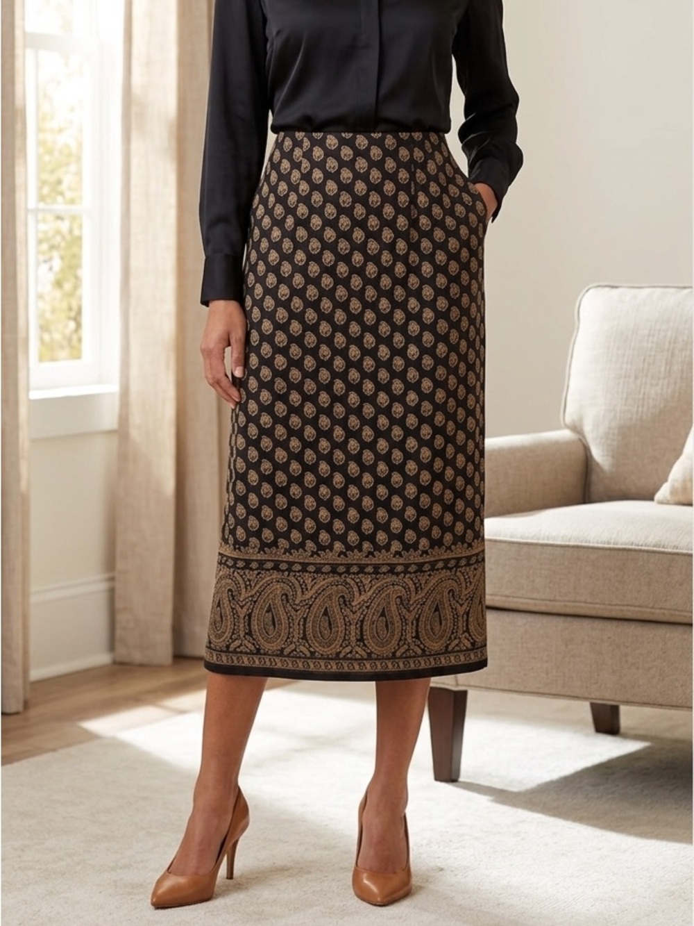 Briggs New York Elegant Paisley Print Skirt Black and Tan Size 10